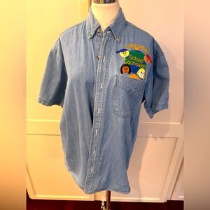 Vintage Blue Denim Shirt with Embroidered Design